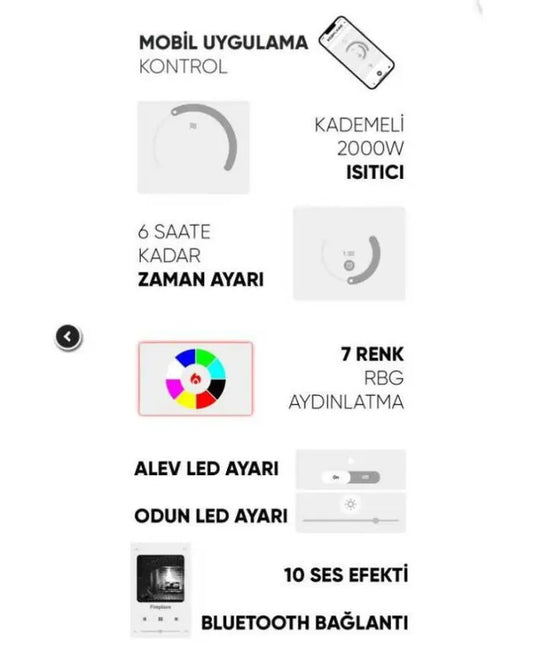 Elektrikli Şömine, Isıtıcılı ve RGB renkli 80 cm ( Isıtmalı )